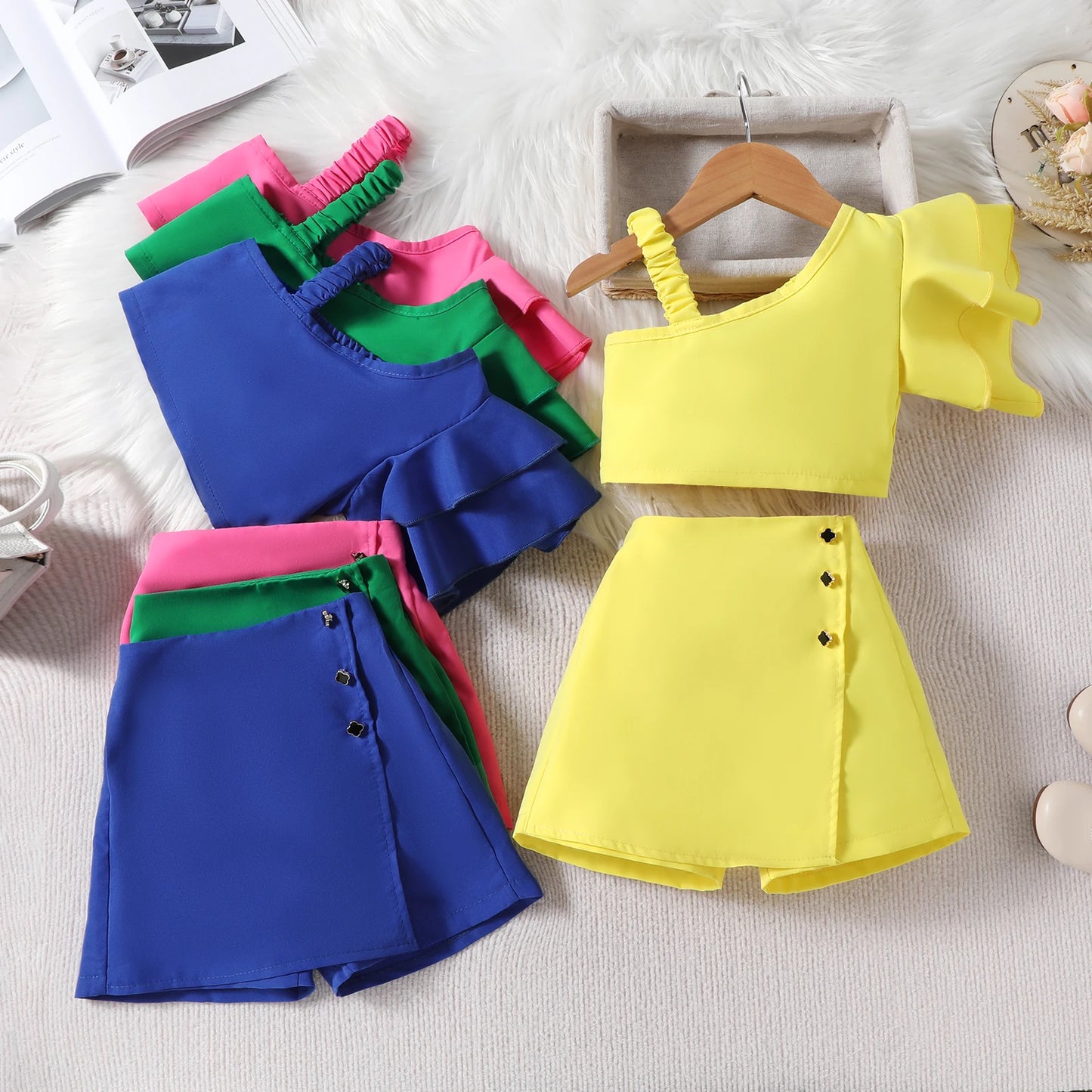 1-6Y Kids Girls Clothes Set Ruffles One Shoulder Sleeveless Vest with Solid Shorts Summer Outfit