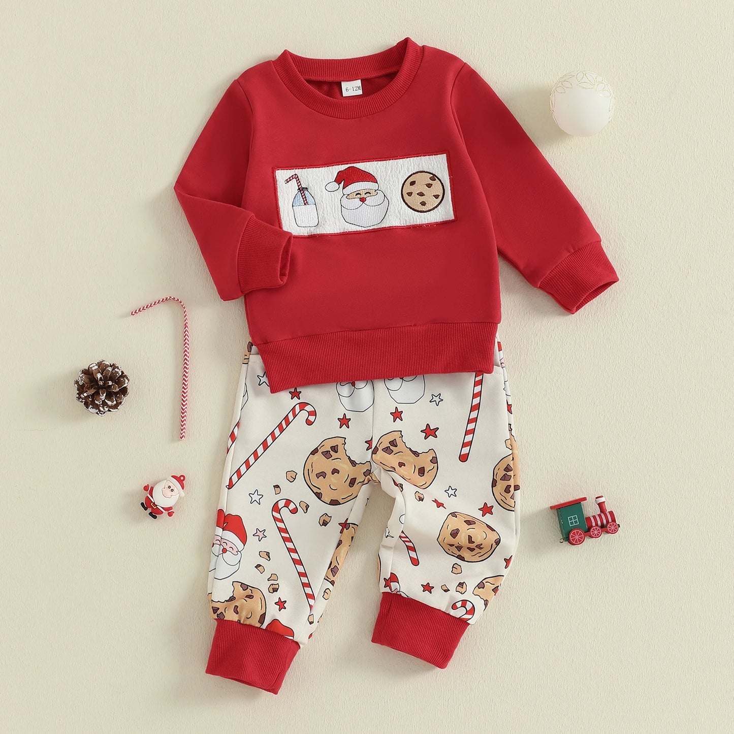 Baby Christmas Outfit Set - Santa Claus Candy Print Crew Neck Top & Pants
