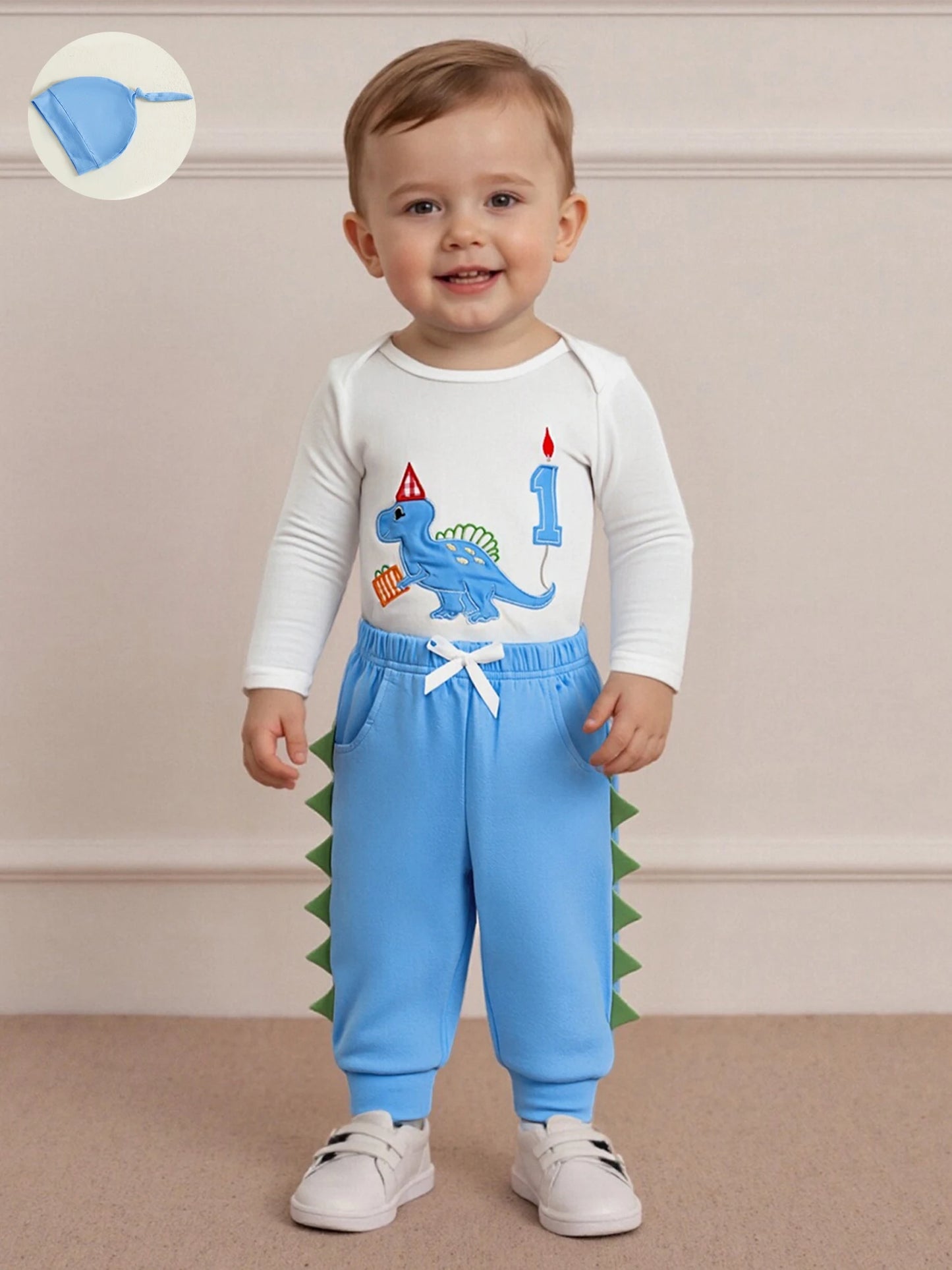 Newborn Baby Boys Birthday Clothing Set - Dinosaur Embroidery Romper, Pants & Hat 3-Piece (0-18M)