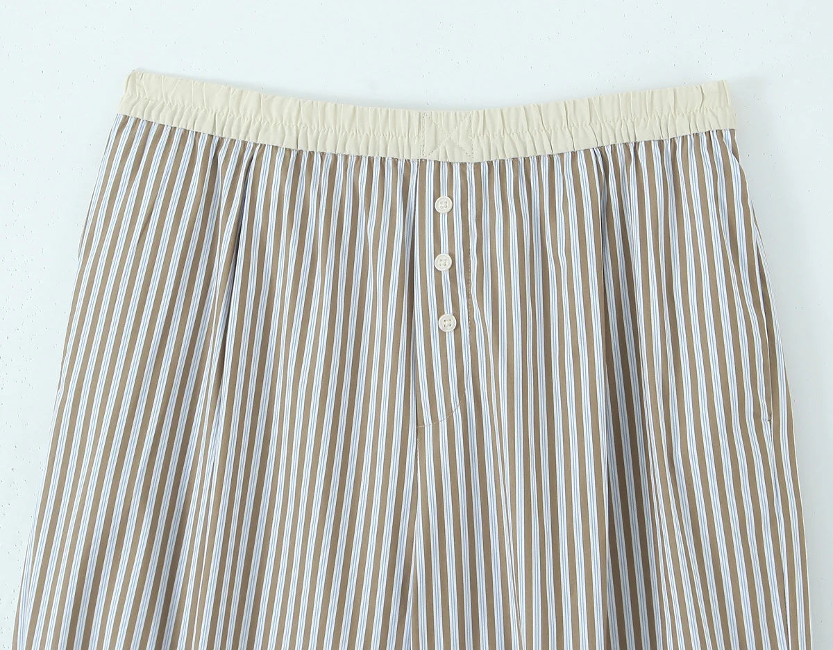 Women's Style Bow Embellished Thin Stripe Vest Top Lazy Style Loose Straight Leg Wide Leg Trousers