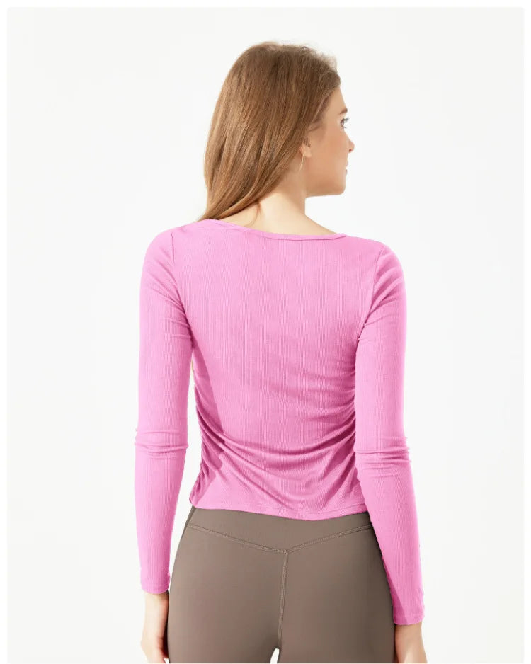 Women's Long Sleeve Yoga Shirt Slim Fit Gym Top Breathable Ribbed Gym Running Top Workout Sportswear