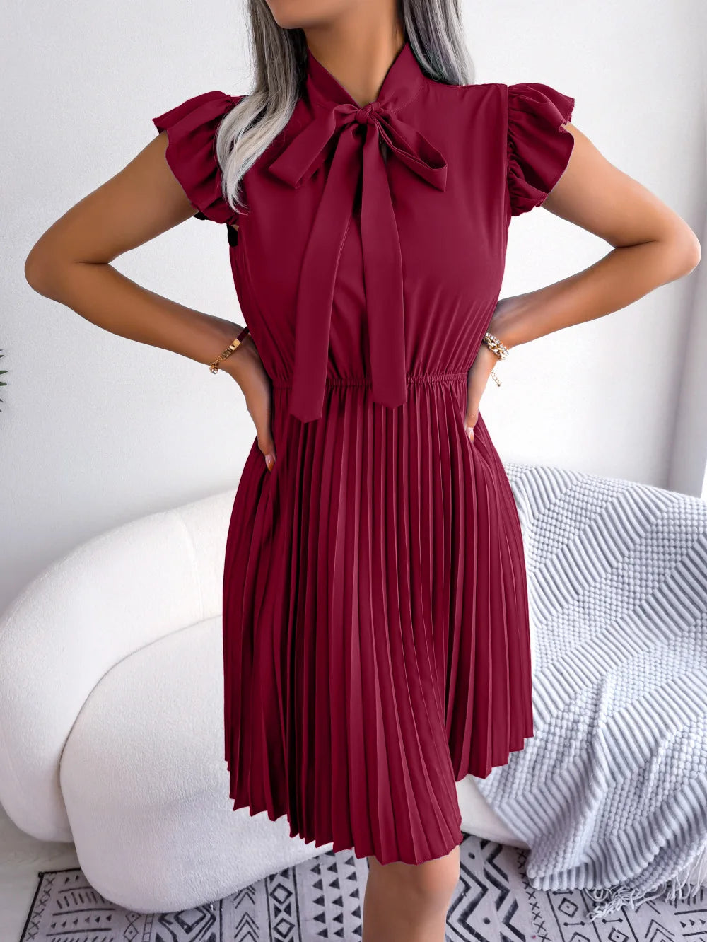 Women's Spring Summer Elegant Lace Up High Waist Large Fold Bow Collar Pleated Dress
