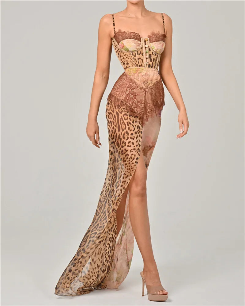 Women's Leopard Print Lace Split Maxi Gown Elegant Patchwork Chiffon Sleeveless Backless Beach Evening Dress