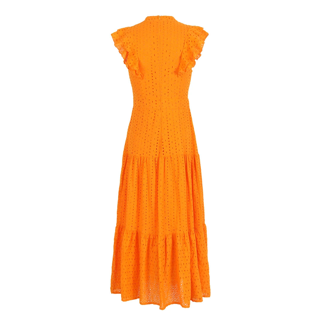 Women's Bohemian Hollow Out Elegant Round Neck Flying Sleeve Button Long Summer Dress