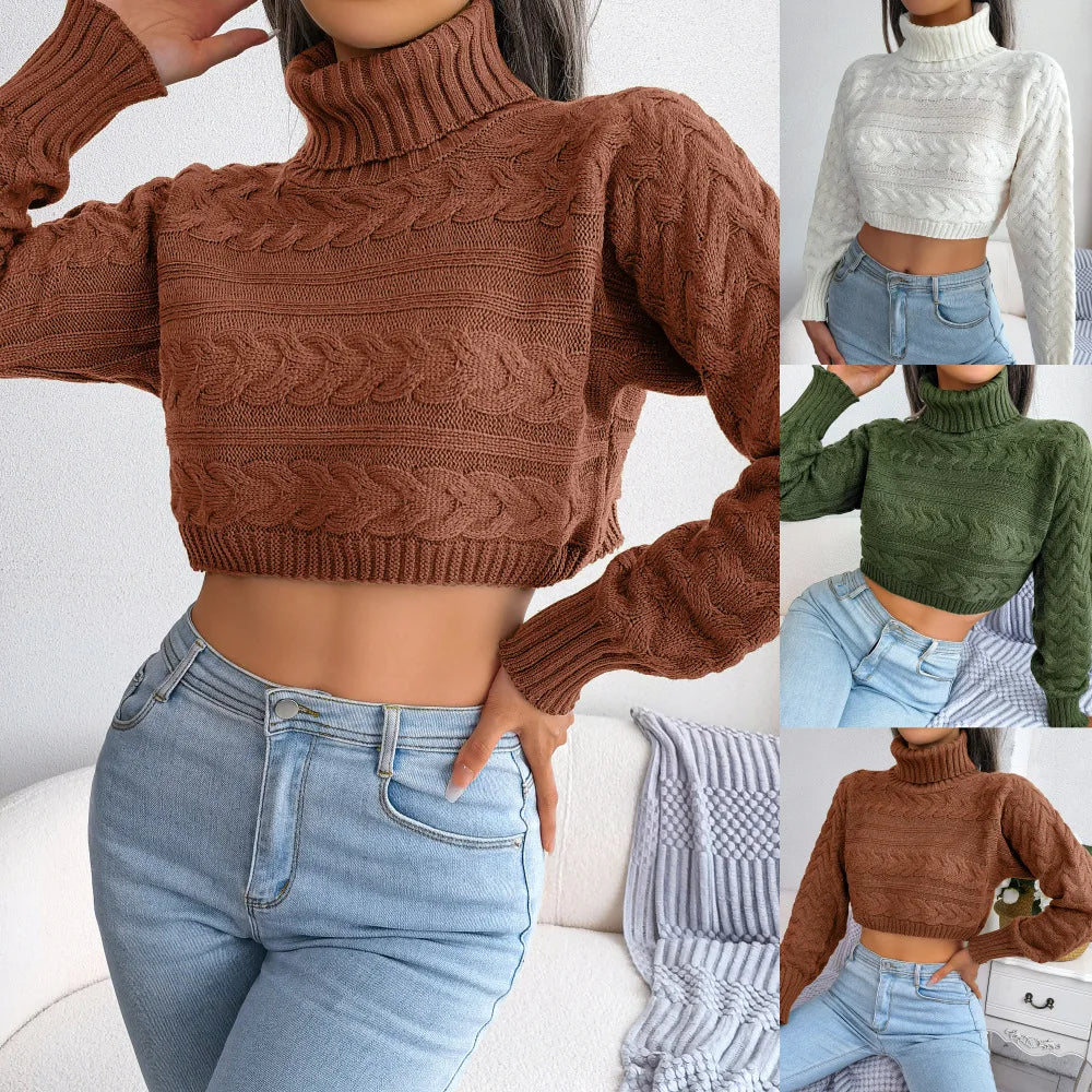Women's Autumn Winter Casual Twist Long Sleeve Turtleneck Crop Knit Sweater
