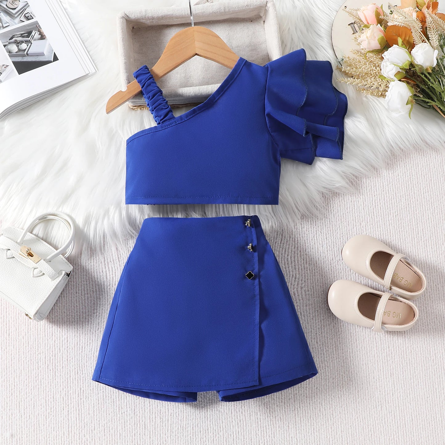 1-6Y Kids Girls Clothes Set Ruffles One Shoulder Sleeveless Vest with Solid Shorts Summer Outfit