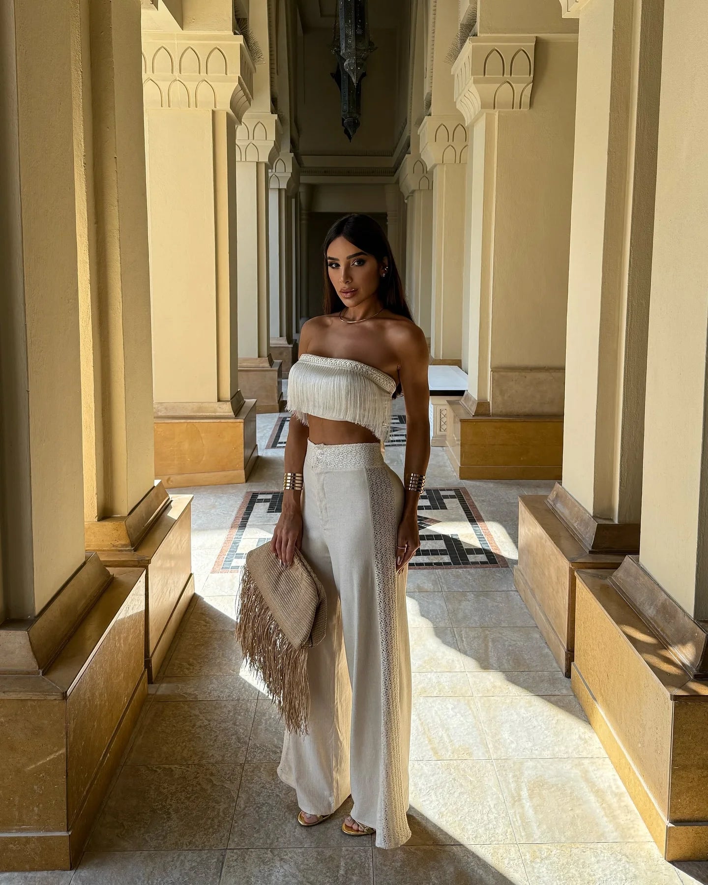 Women's Tassel Two Piece Wide-Leg Pants Summer and Tube Top Set