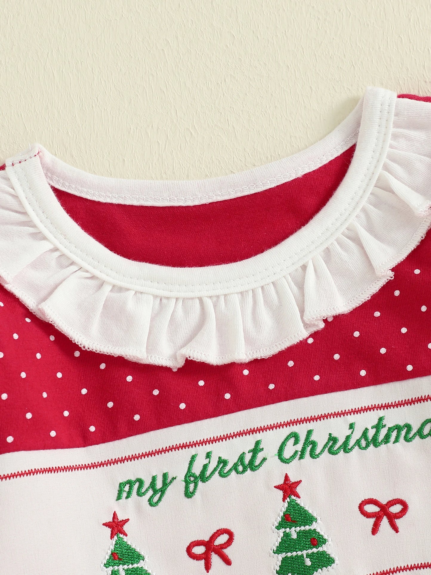 Newborn Baby Girls Christmas Footed Romper - Tree Embroidery Dot Print (0-12M)