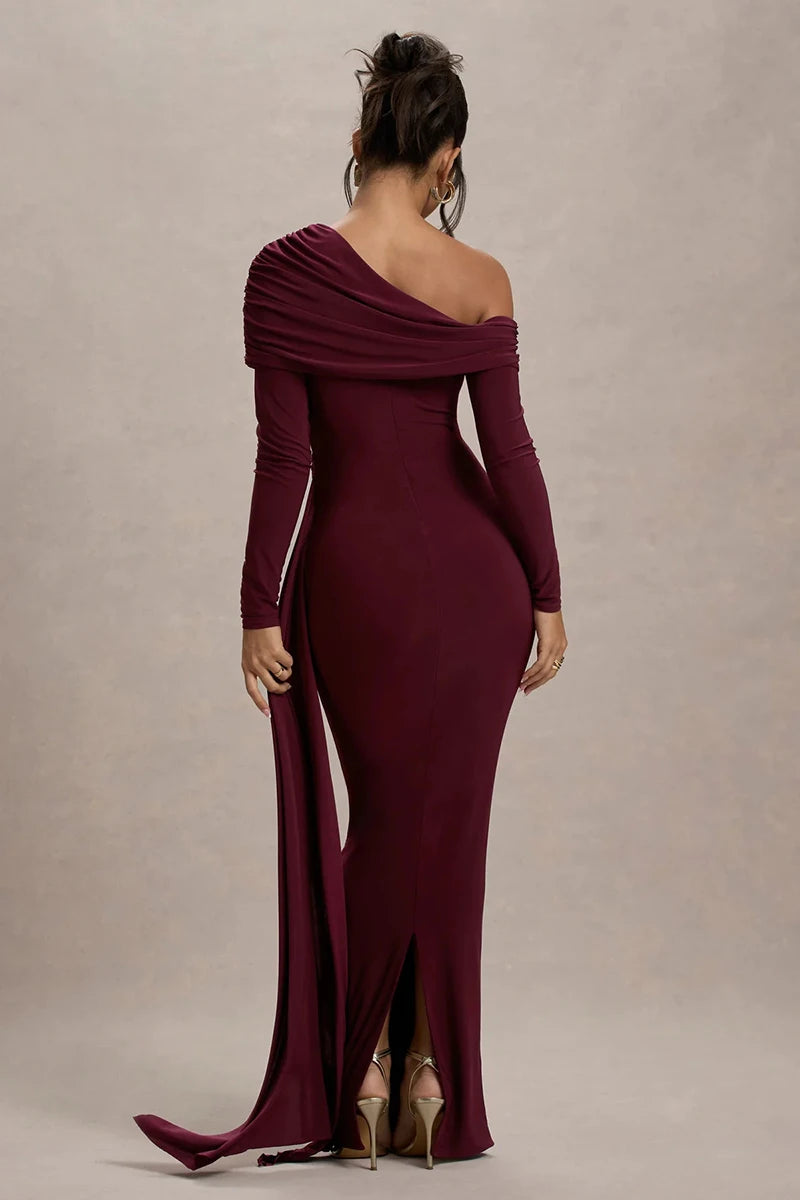 Women's Skew Collar Long Sleeve Maxi Backless Draped Ruched Bodycon Long Dress