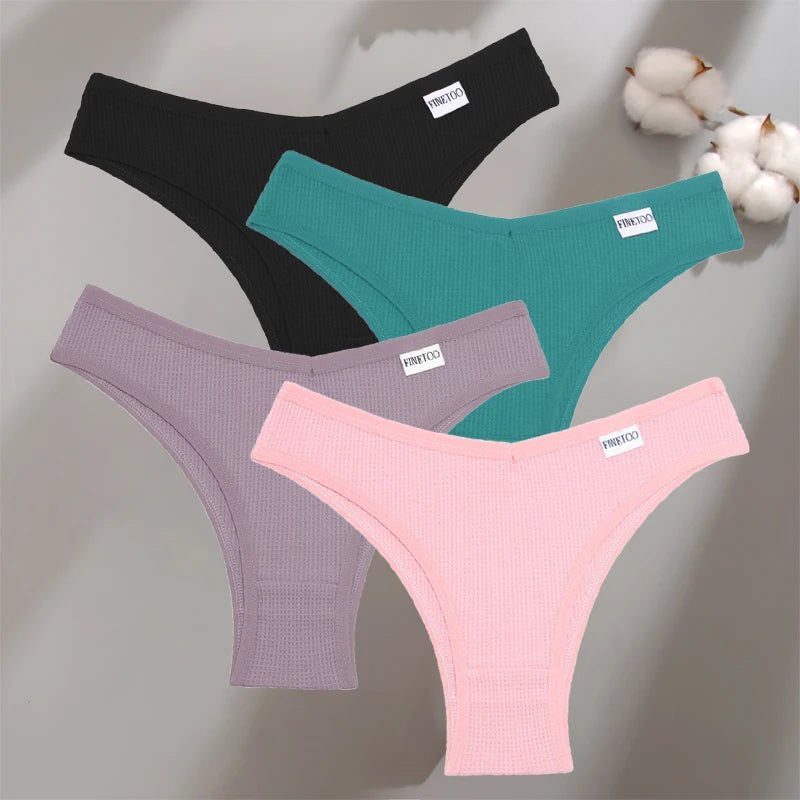 Women's 4Pcs Cotton Breathable Underwear Panties Low-Waist Waffle G-string Stretch Briefs Soft Lingerie