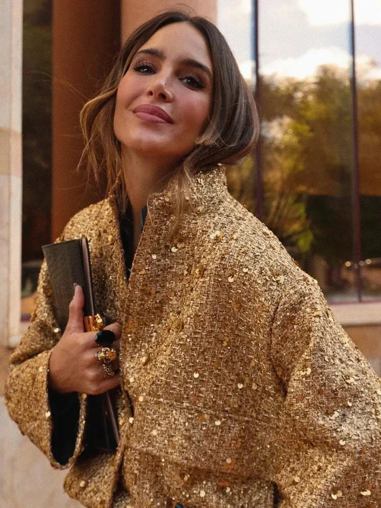 Women's Glitter Chic Sequined Long Sleeve Gold Bomber Jacket