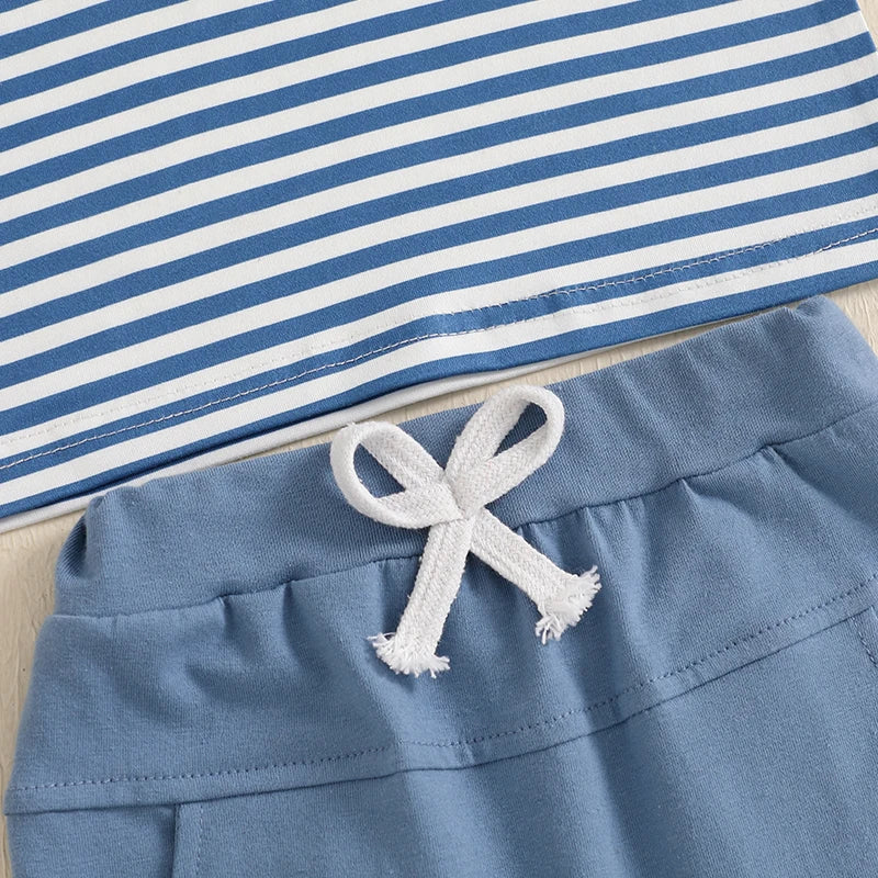 Summer Baby Boys Car Embroidery Outfit Set - Stripe Print T-Shirt & Elastic Waist Shorts (2-Piece)