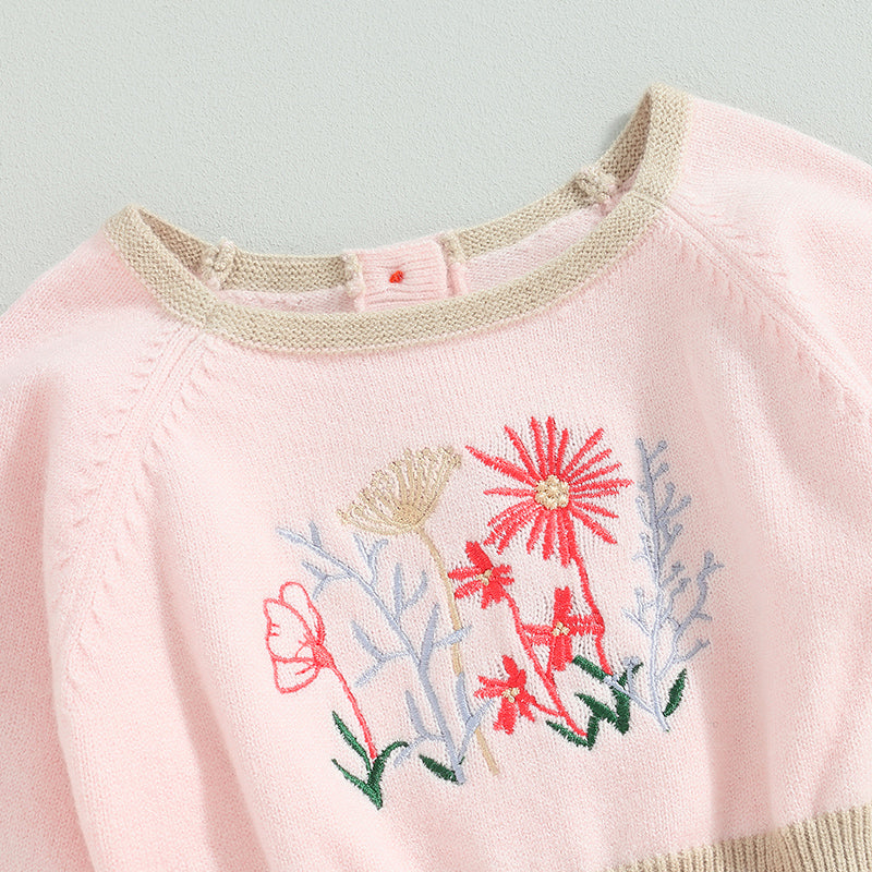 0-24M Baby Girls Romper Long Sleeve Flower Embroidery Drawstring Knit Sweater Jumpsuit