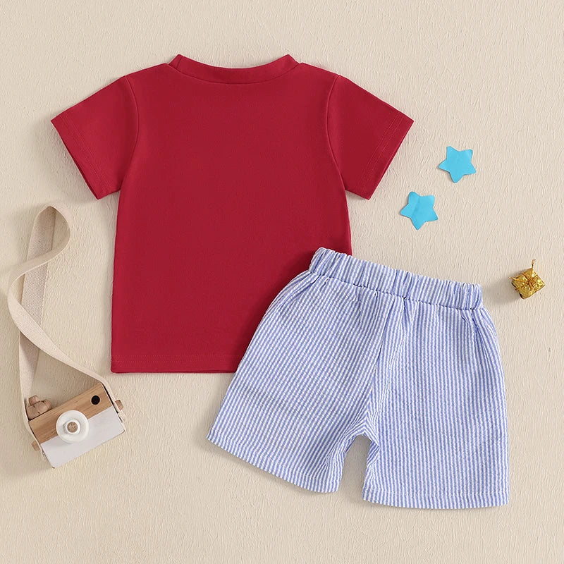 0-4Y Kids Boys American Flag Clothes Sets Letter Embroidery Short Sleeve T-Shirt with Stripe Shorts