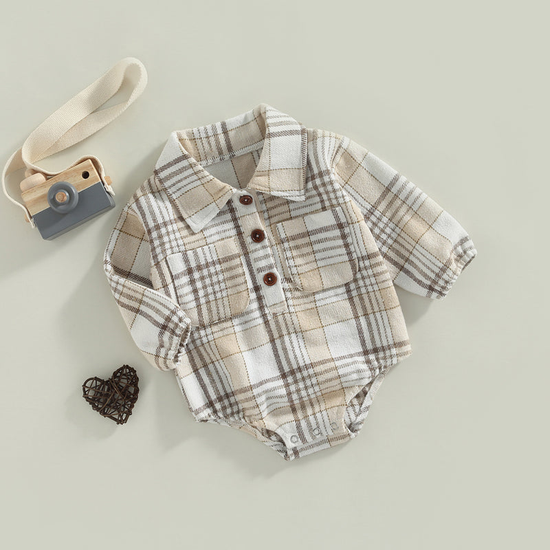 0-24M Infant Baby Boys Gentlemen Romper - Long Sleeve Turn Down Collar Plaid Printed Jumpsuit