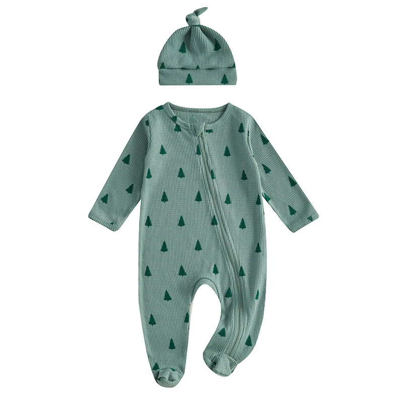 Newborn Christmas Romper Set with Hat - Xmas Tree Print Zip-Up Footed Jumpsuit