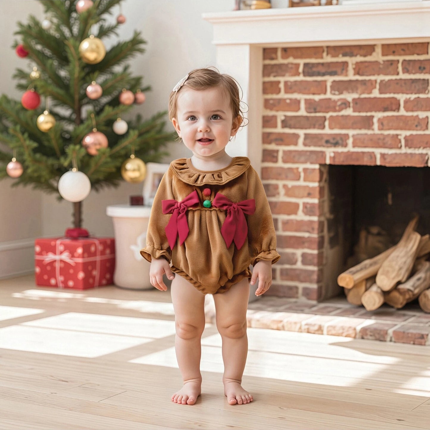 Baby Girls Christmas Romper - Plush Gingerbread Costume with Bow Detail