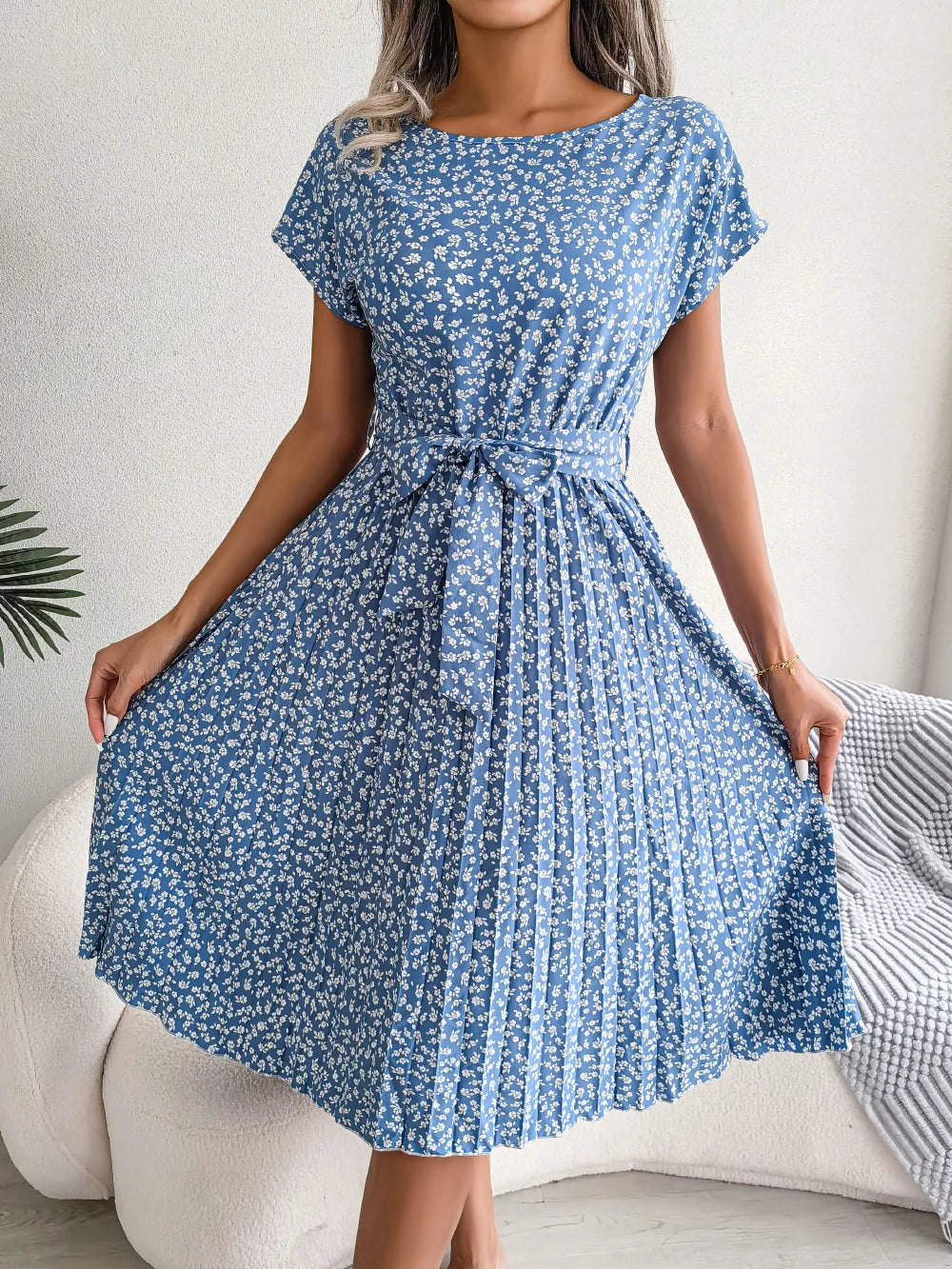 Women's Floral Pleated A Line Long Spring Summer Short Sleeve High Waist Chic Dress