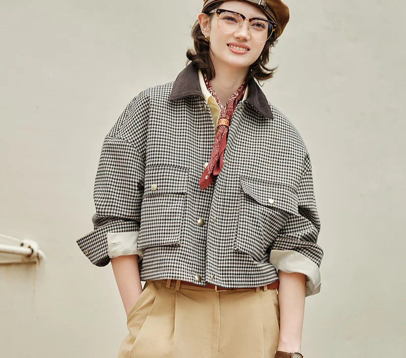 Women's Cropped Plaid Jacket - Turn Collar Loose Fit Autumn Fashion Coat