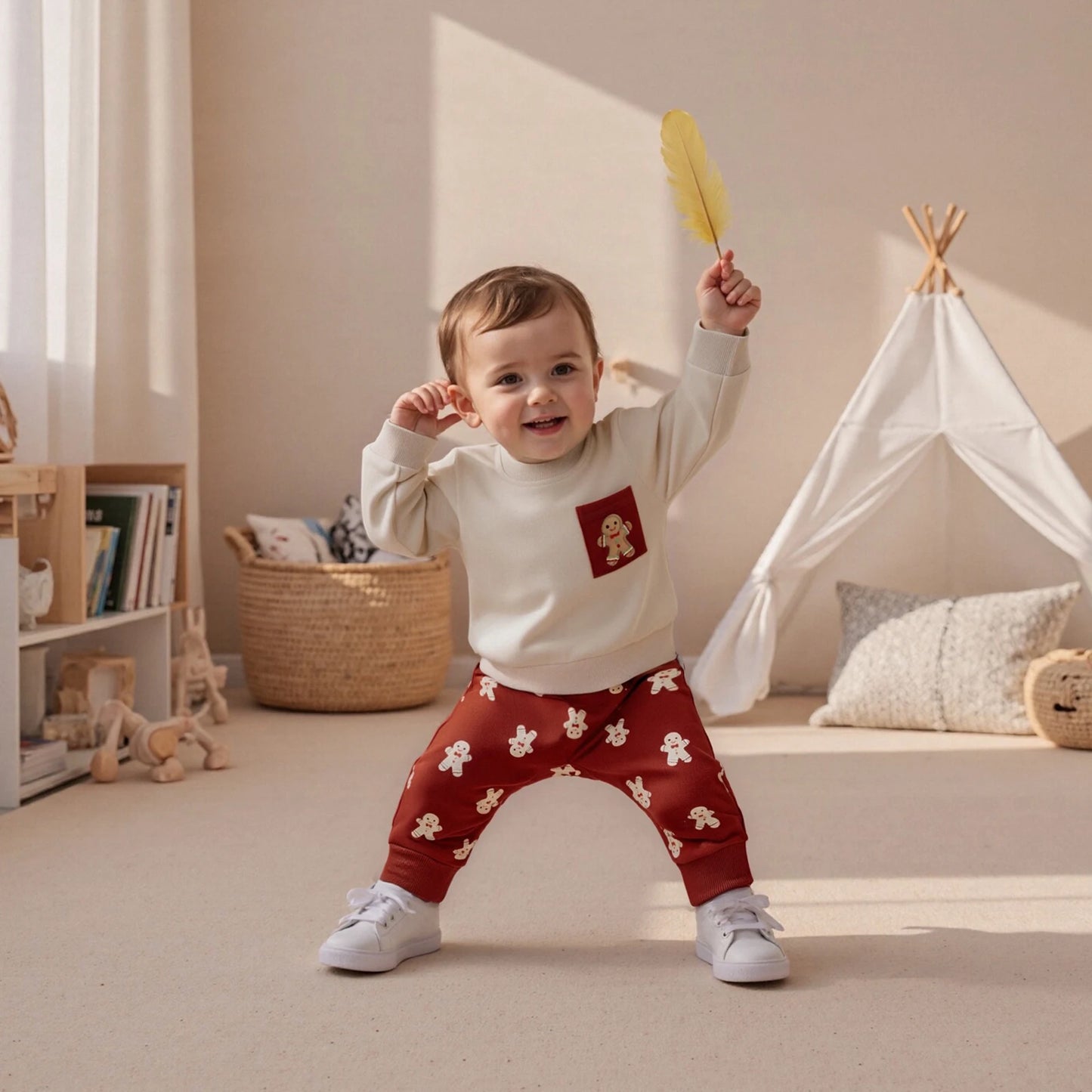 Baby Boys Christmas Gingerbread Outfit Set - Long Sleeve O-Neck Top & Drawstring Pants (0-3Y)