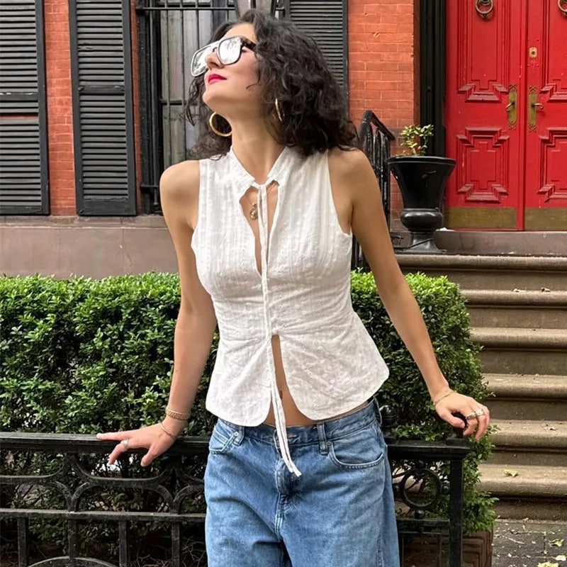 Women's Summer Tie Front Tops Button White Cut Out Sleeveless Cropped Top