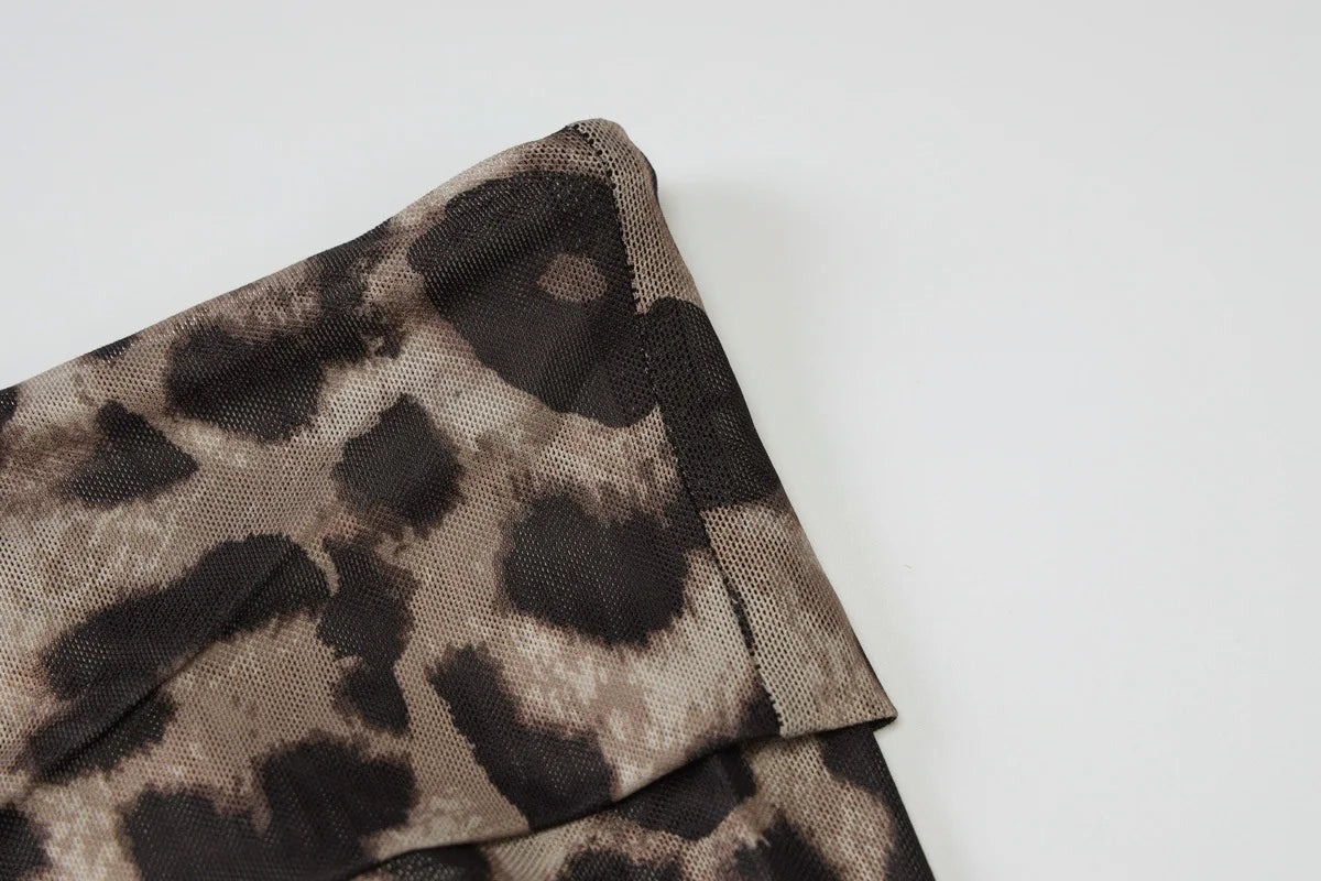 Women's Chic Off Shoulder Leopard Print Long Sleeve Mesh Sheer Slim Cropped Top Coquette