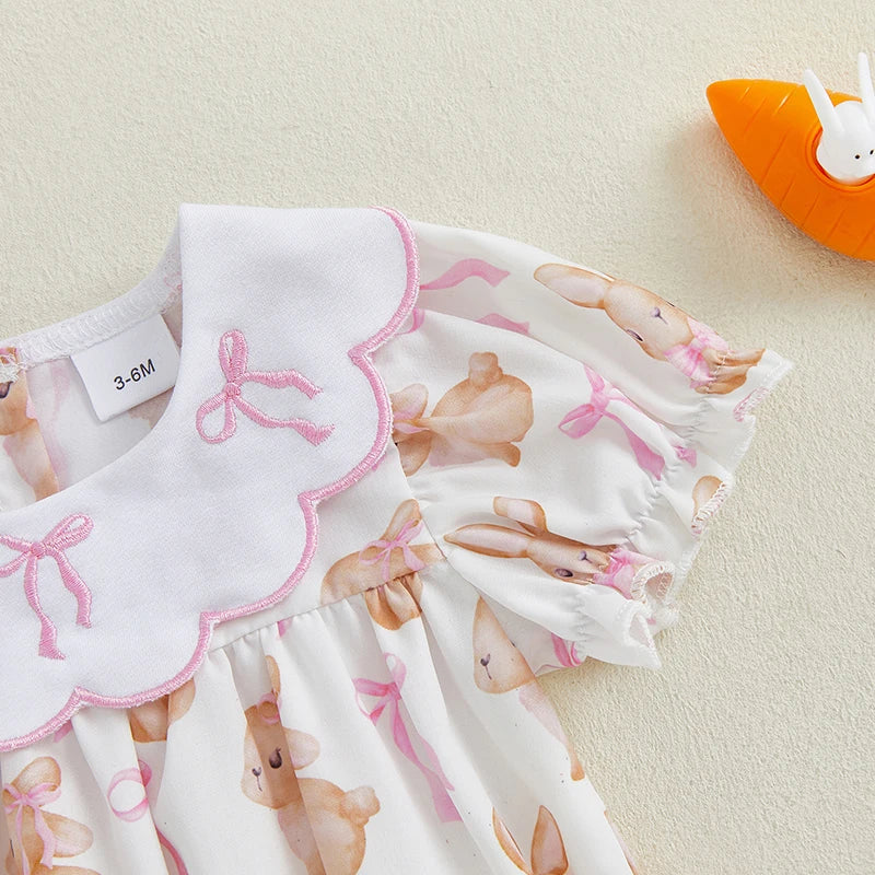 Easter Baby Girls Cute Romper - 3 Style Rabbit Bow Print Doll Collar Ruffle Short Sleeve Bodysuit (0-18M)