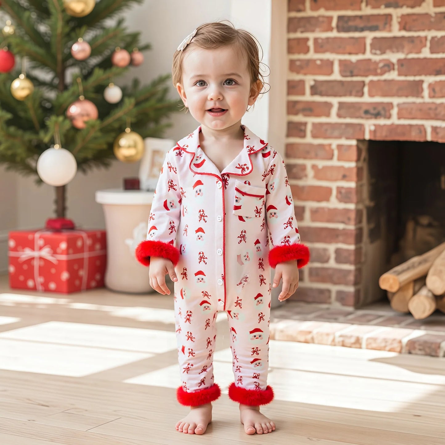 Lovely Baby Girls Christmas Pajama Jumpsuit - Santa Claus & Candy Cane Print (0-24M)