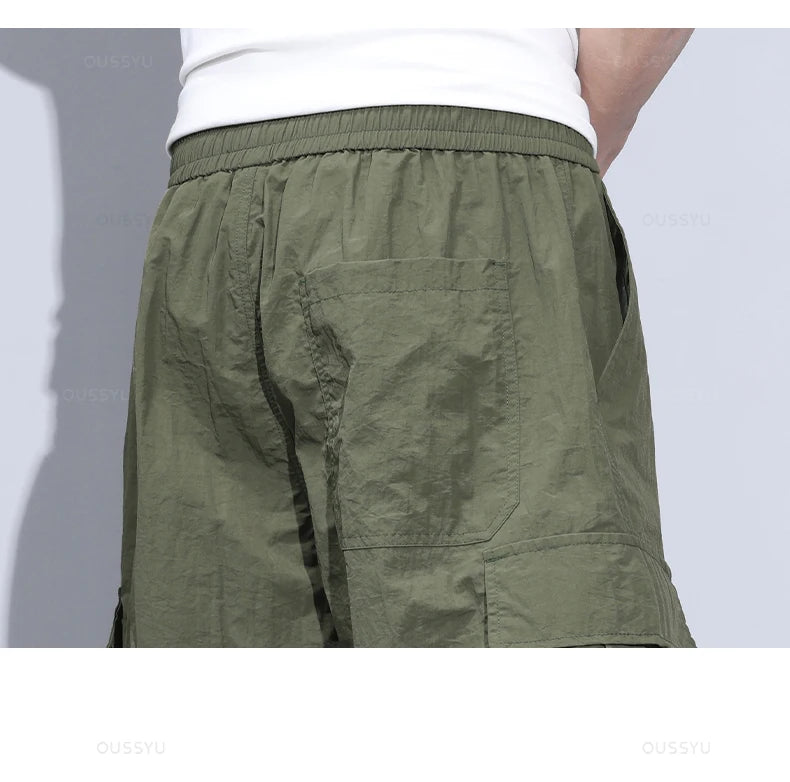 Summer Ultrathin Shorts Pants Men Cargo Work Side Pockets Joggers Grey Bermuda Knee Beach Nylon Short Pant Male Big Size M-5XL