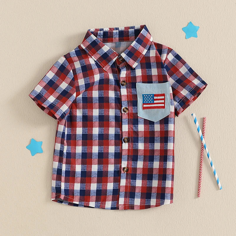 0-5Y American Flag Kids Boys Shirts Short Sleeve Plaid Print Button Down Shirts Toddler Summer Top