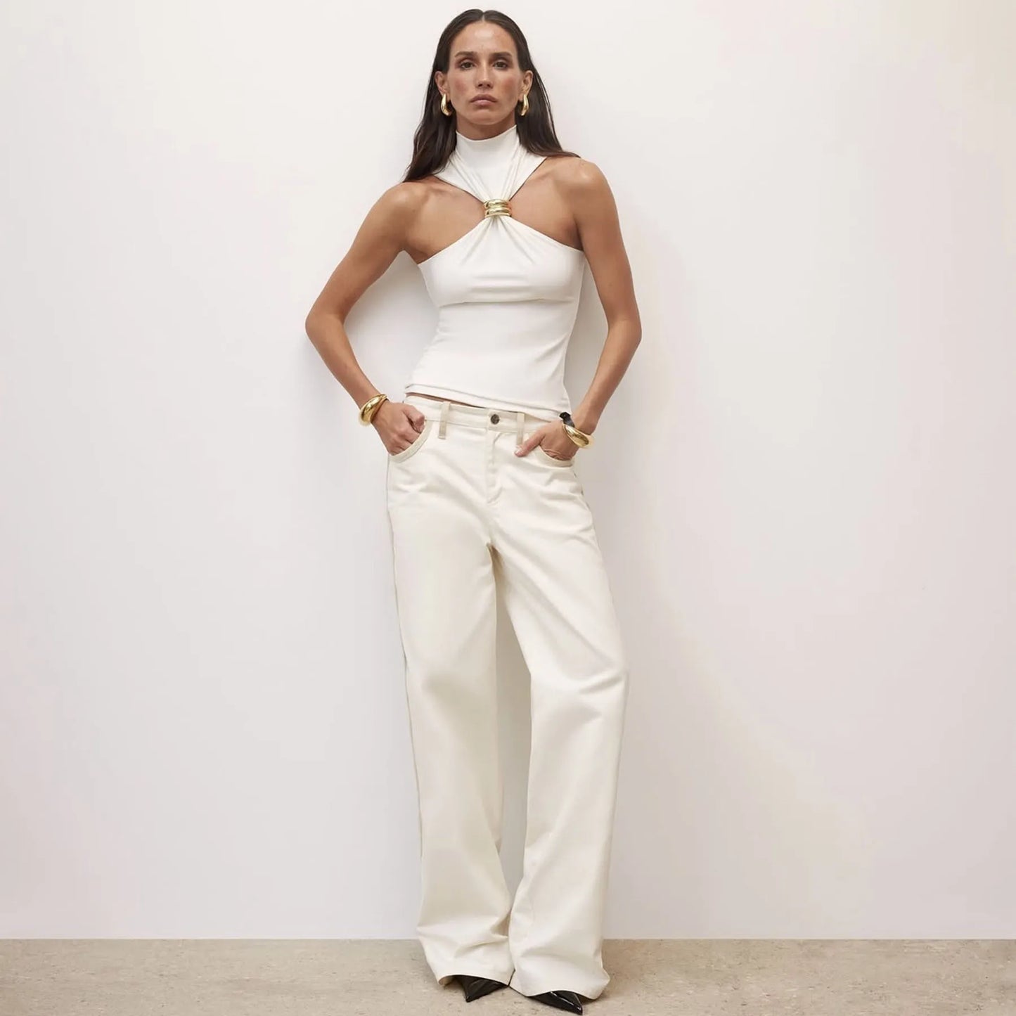 Women's Cut Out Sleeveless Turtleneck Tops Embellished Elegant Solid Top