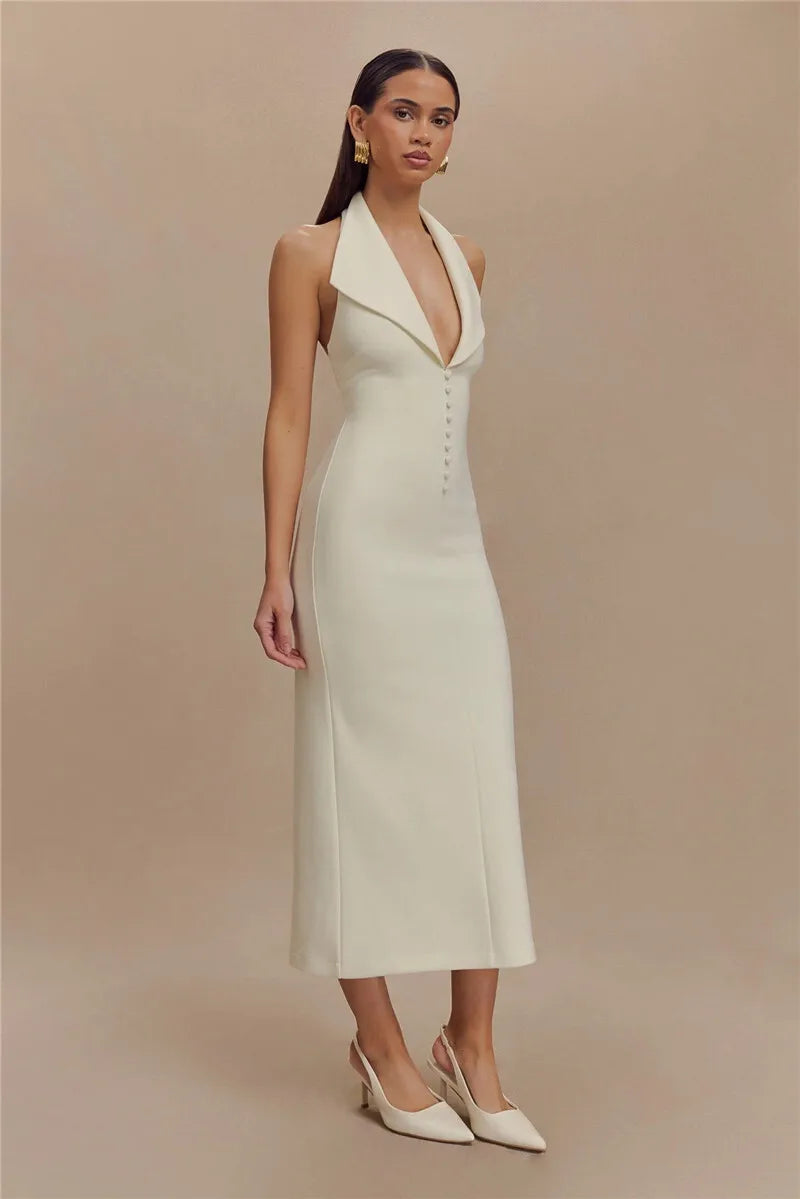 Women's Halter Deep V Neck Sleeveless Maxi Elegant Backless Bodycon Tank Long Dress