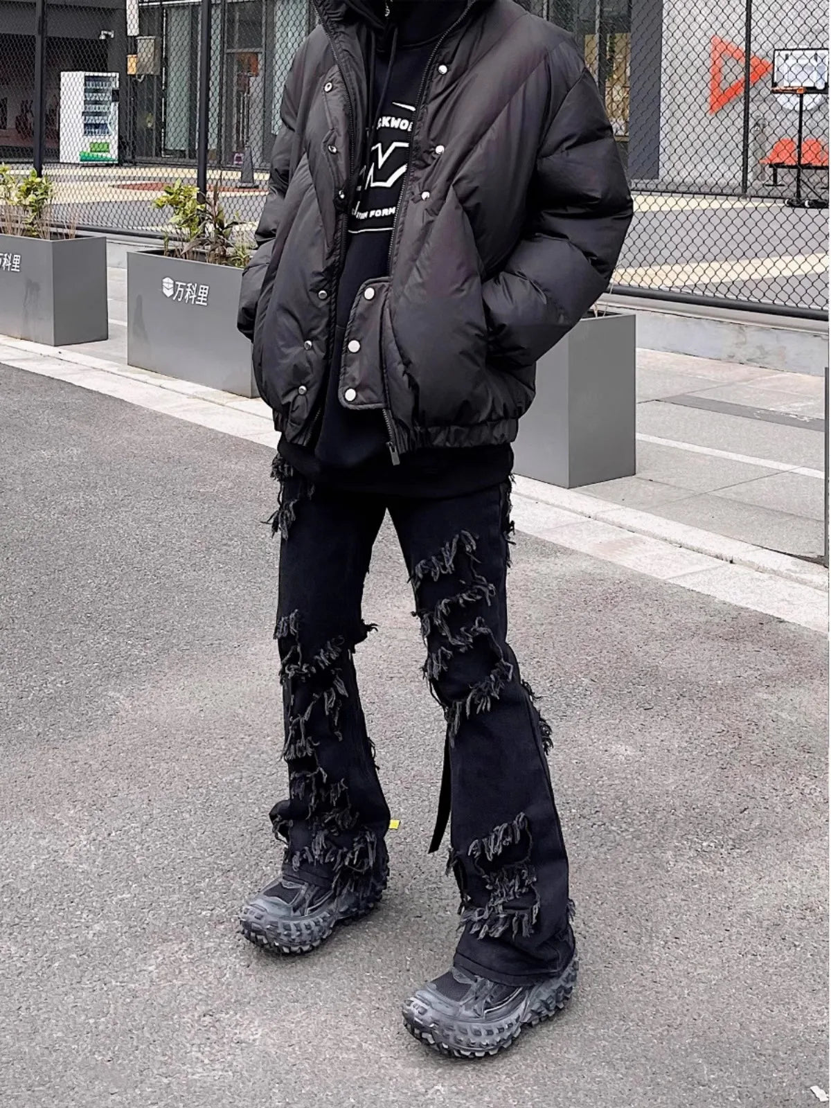 Men's Damage ripped Gothic flare pants skinny Jeans