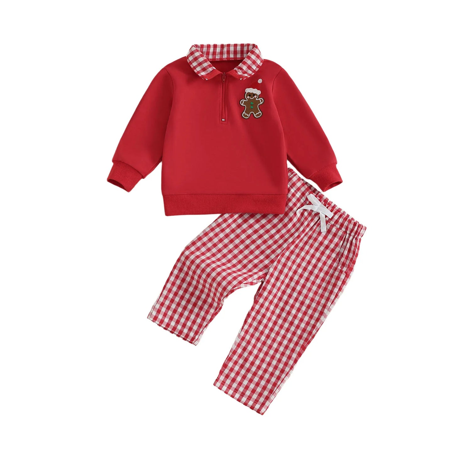Baby Boys Christmas Clothes Set - Xmas Tree Embroidery Zip Pullover & Plaid Pants