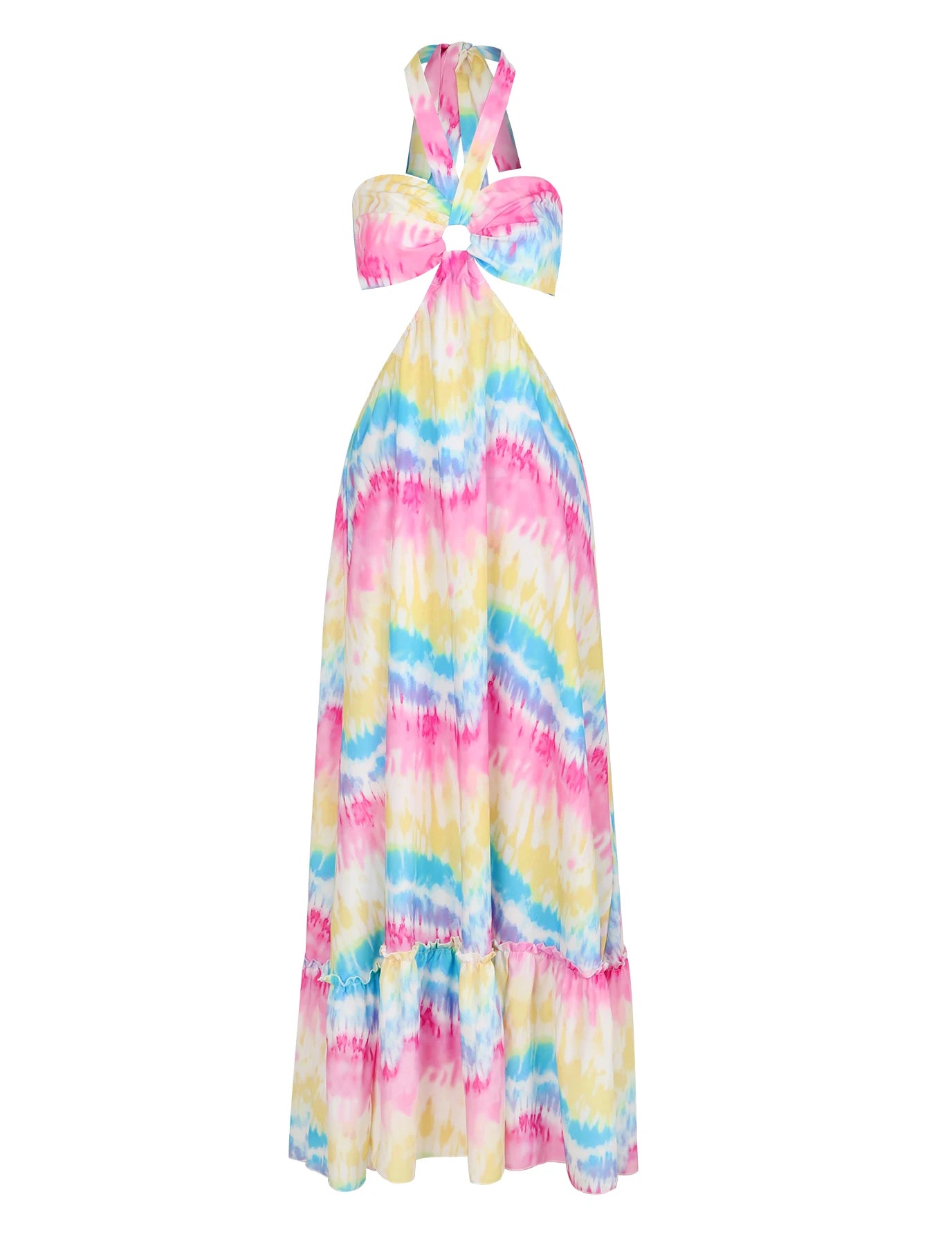 Women's Colourful Print Halter Tie Up Strapless Naked Waist A-line Maxi Summer Dress