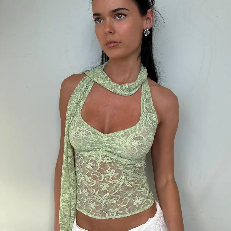 Women's Lace Halter Crop Top - Y2K Backless Sheer Summer Top