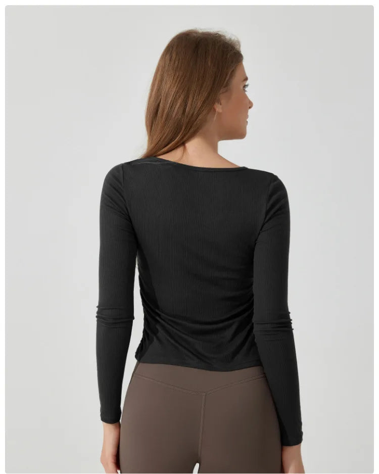 Women's Long Sleeve Yoga Shirt Slim Fit Gym Top Breathable Ribbed Gym Running Top Workout Sportswear
