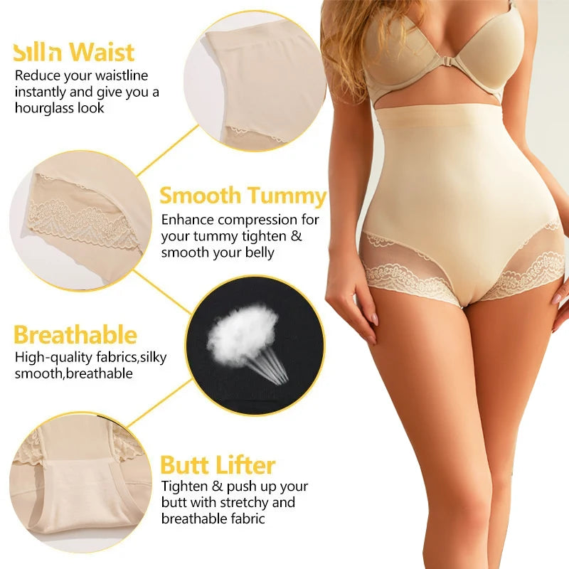 Women's Seamless Tummy Control Panties Floral Lace Underwear High Waist Butt Lifter Belly Shaping Cincher Briefs