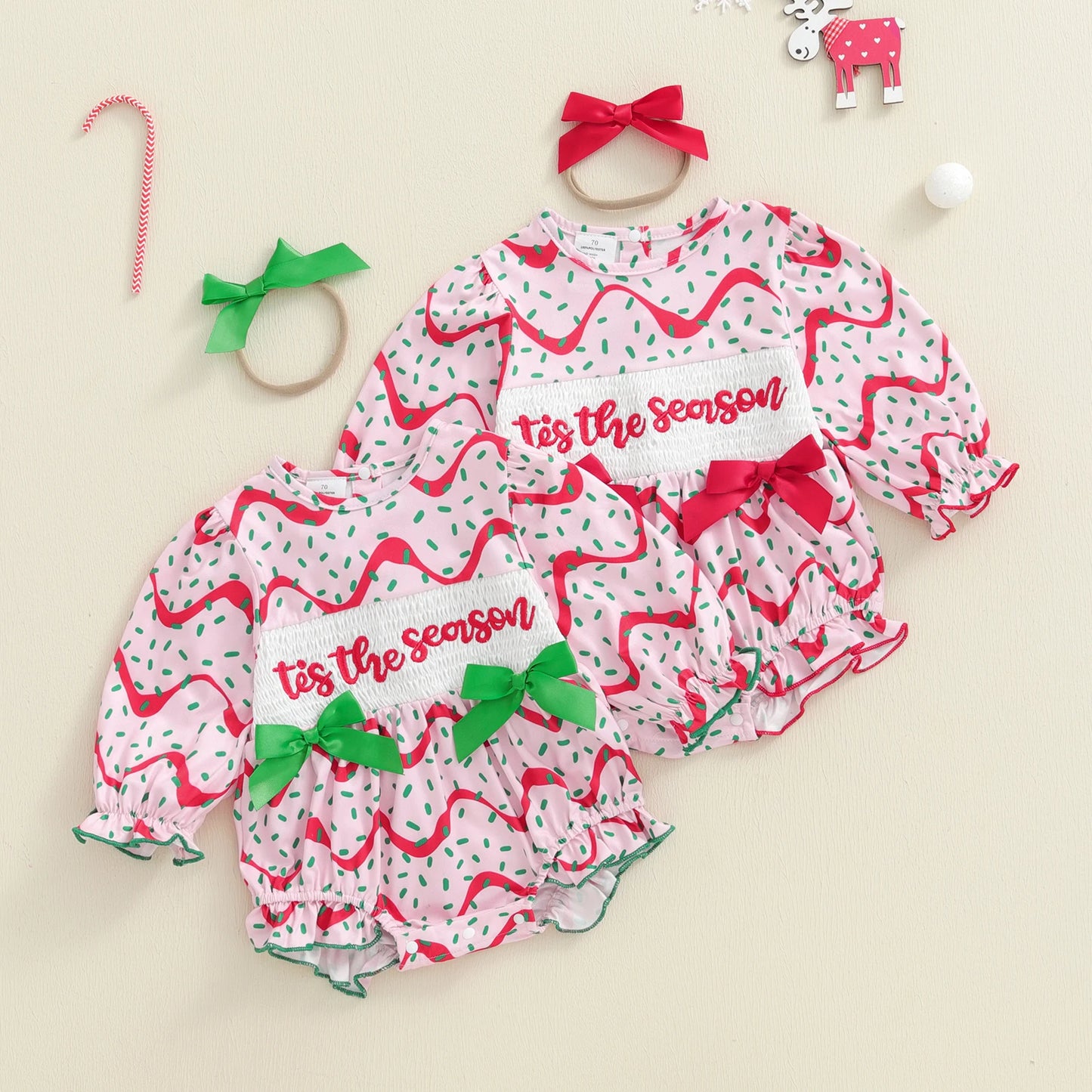 Baby Girls Christmas Romper Set - Letter Embroidery with Bow Headband