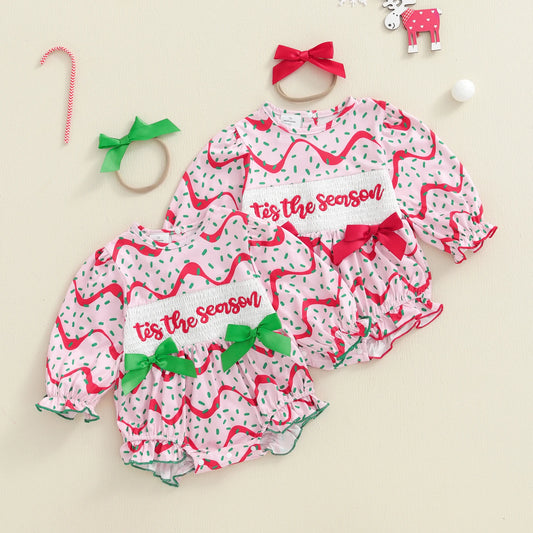 Baby Girls Christmas Romper Set - Letter Embroidery with Bow Headband