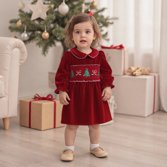 Lovely Kids Girls Christmas Velvet Dress - Xmas Tree Embroidery Doll Collar A-Line (0-4Y)