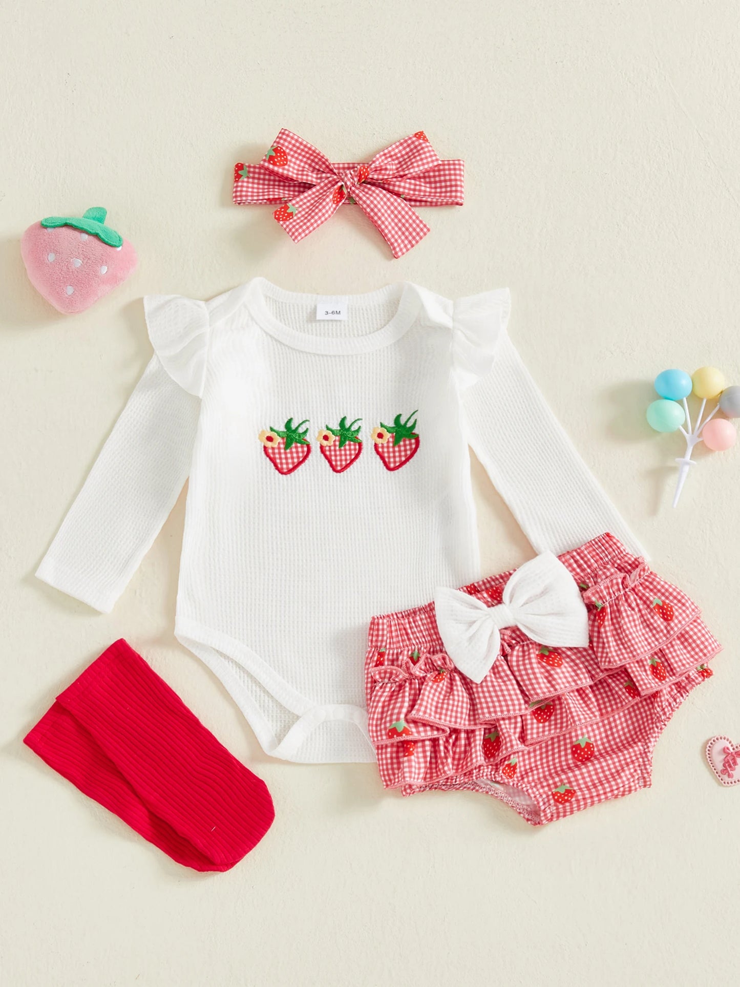 Baby Girls Strawberry Outfit Set - 4-Piece Long Sleeve Romper, Plaid Shorts, Headband & Socks (0-18M)