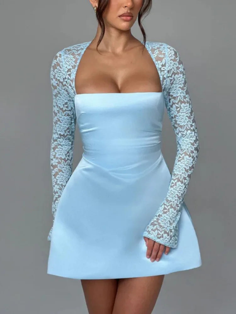 Women's Lace Long Sleeve Mini Square Collar Backless A-line High Waist Party Dress