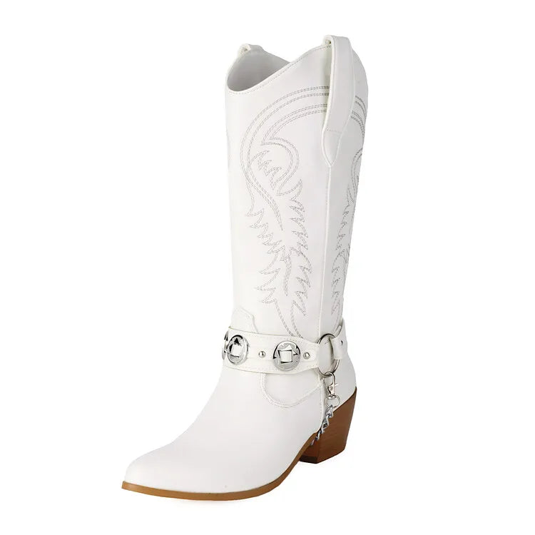Women's Tapered Circular Metal Chain Chelsea Bohemian Pointed Leather Knee High Boots