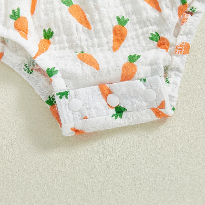 Baby Girls Easter Romper Set - Carrot Print Long Sleeve Jumpsuit with Bow Headband