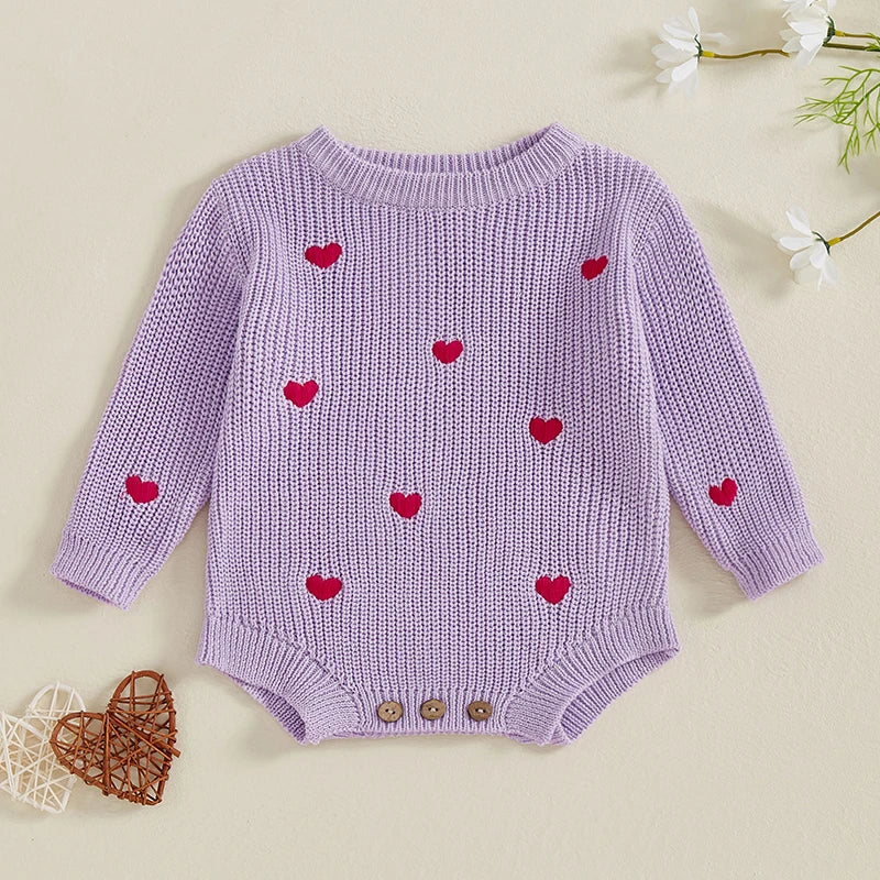 Newborn Baby Girl's Sweater Romper - Heart Knit Long Sleeve Jumpsuit for Valentine's