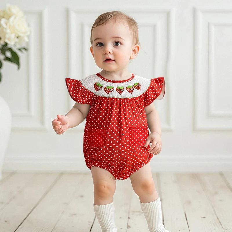 Baby Girls Strawberry Embroidery Polka Dot Romper - Smocked Ruffle Sleeve Jumpsuit (0-24M)