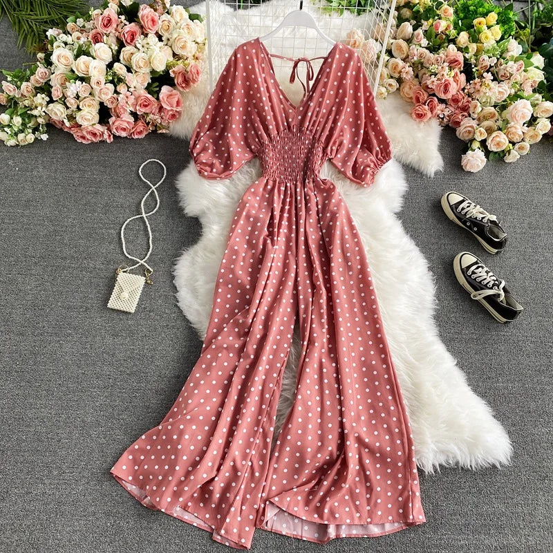 Women's V-Neck Polka Dot Jumpsuit - Wide Leg Trousers with Dolman Sleeves