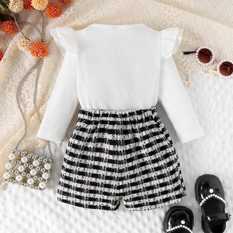 0-4Y Kids Girls Long Sleeve Bowknot Top Buttons Plaid Print A-Line Skirt