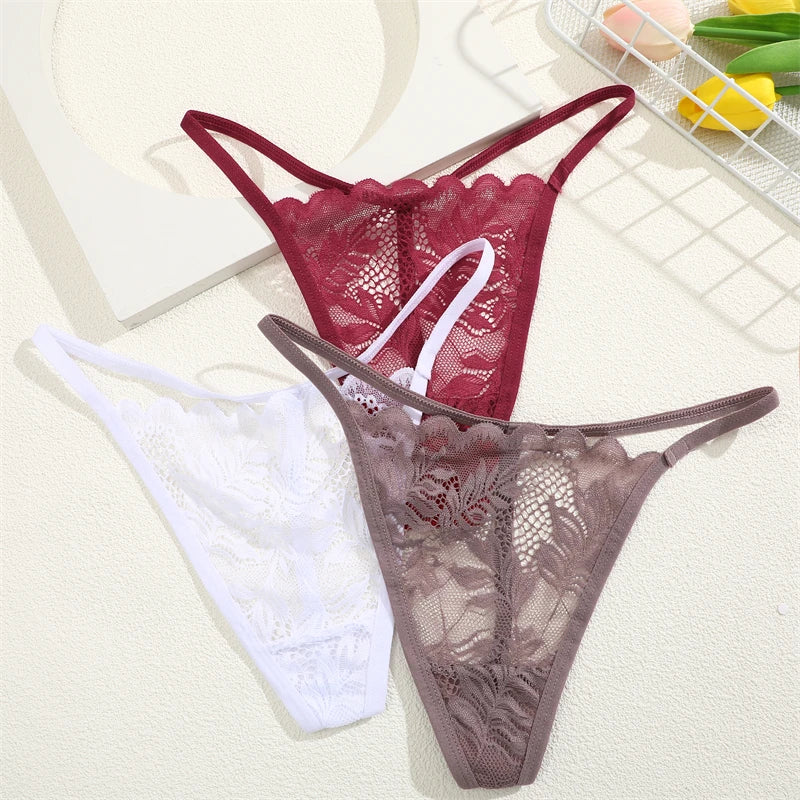 Floral Lace Thong Underwear - Low Waist Transparent Briefs for Women